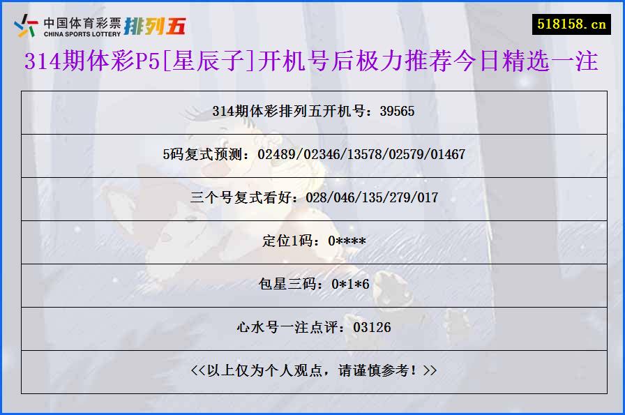 314期体彩P5[星辰子]开机号后极力推荐今日精选一注