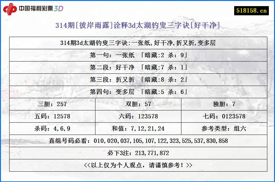 314期[彼岸雨露]诠释3d太湖钓叟三字诀[好干净]