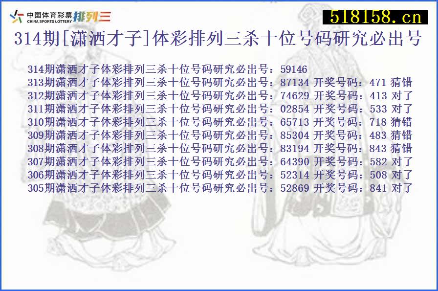 314期[潇洒才子]体彩排列三杀十位号码研究必出号