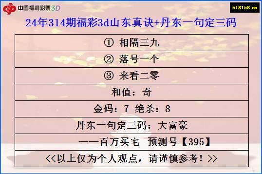 24年314期福彩3d山东真诀+丹东一句定三码