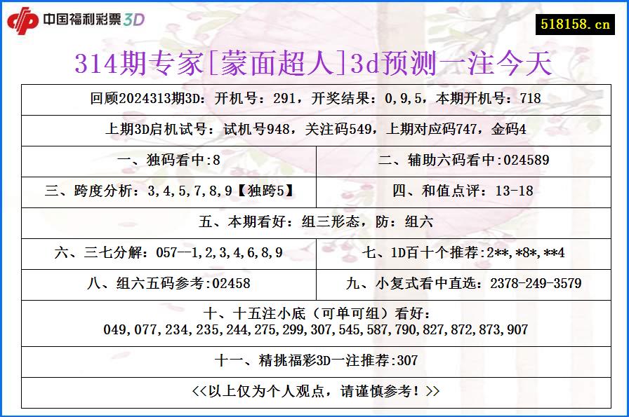 314期专家[蒙面超人]3d预测一注今天