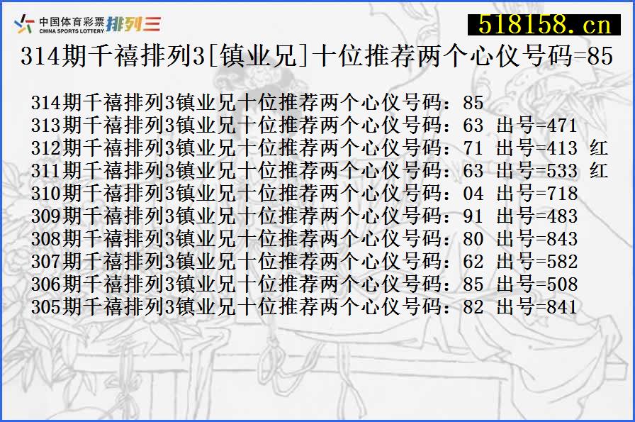 314期千禧排列3[镇业兄]十位推荐两个心仪号码=85