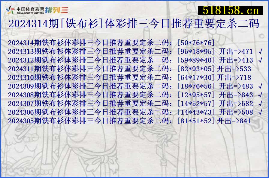 2024314期[铁布衫]体彩排三今日推荐重要定杀二码