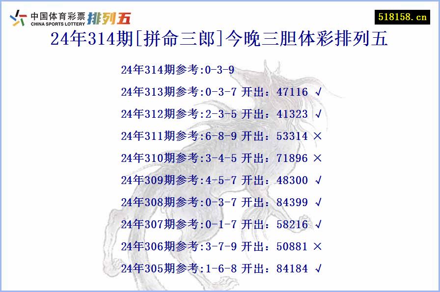 24年314期[拼命三郎]今晚三胆体彩排列五