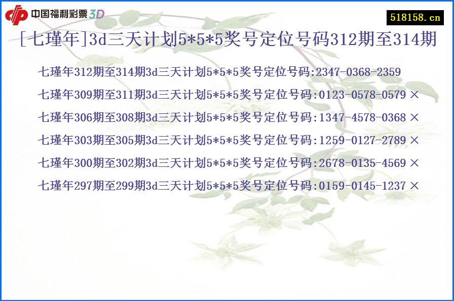 [七瑾年]3d三天计划5*5*5奖号定位号码312期至314期