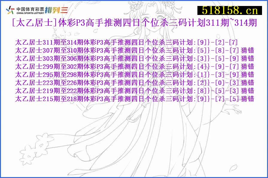 [太乙居士]体彩P3高手推测四日个位杀三码计划311期~314期