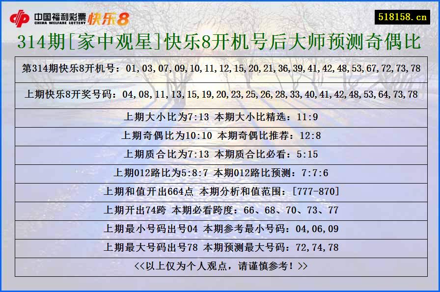 314期[家中观星]快乐8开机号后大师预测奇偶比