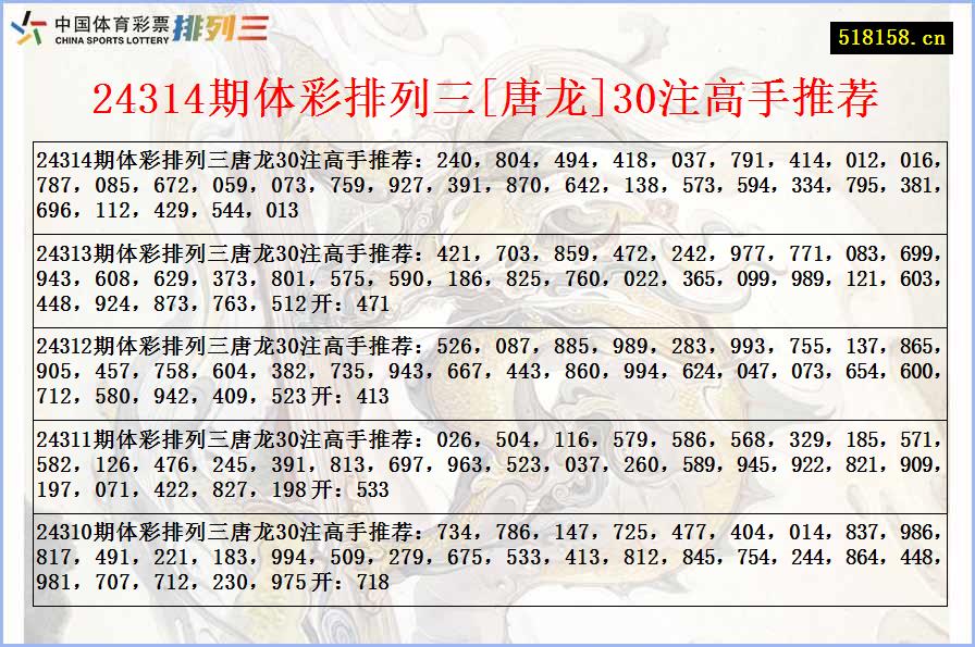 24314期体彩排列三[唐龙]30注高手推荐