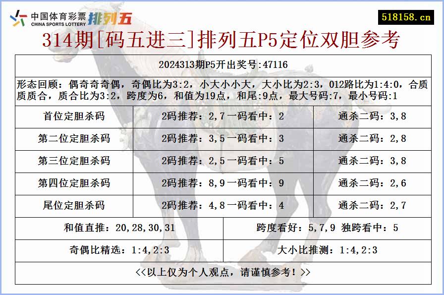 314期[码五进三]排列五P5定位双胆参考