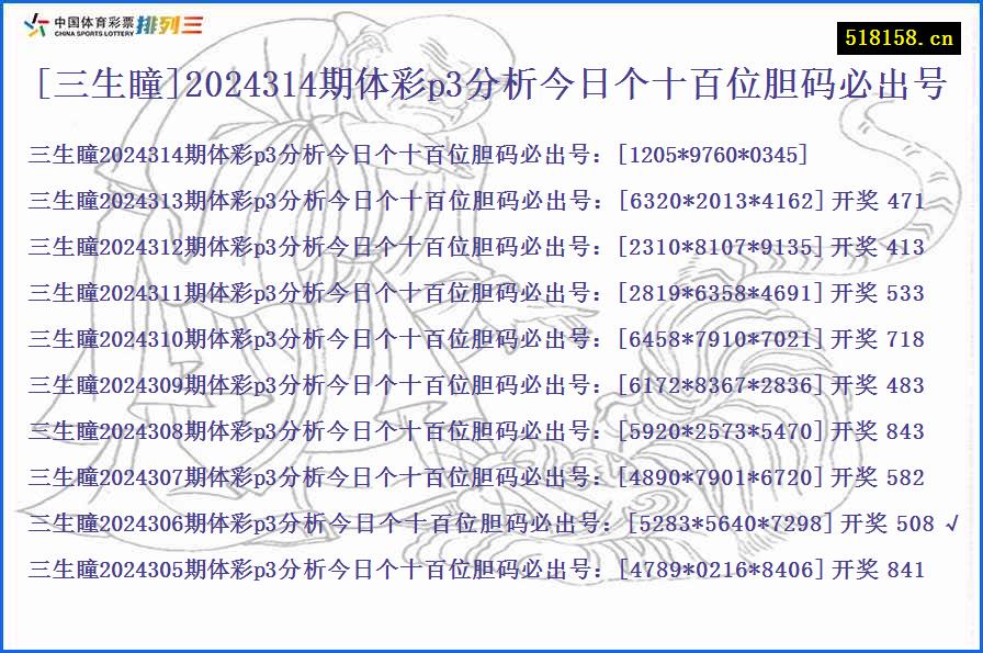 [三生瞳]2024314期体彩p3分析今日个十百位胆码必出号