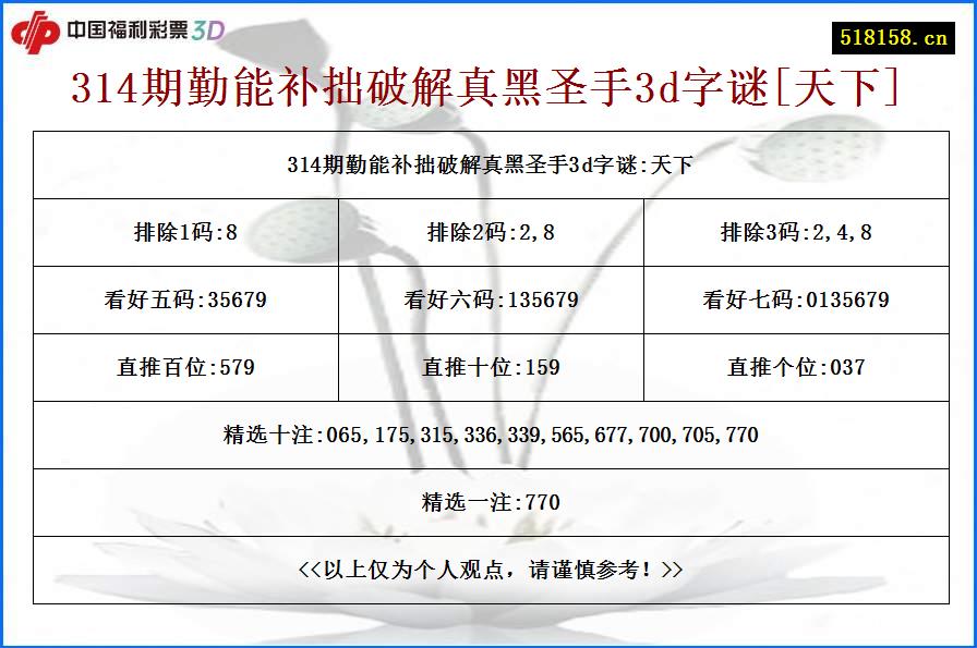 314期勤能补拙破解真黑圣手3d字谜[天下]