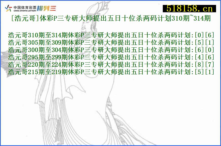 [浩元哥]体彩P三专研大师提出五日十位杀两码计划310期~314期