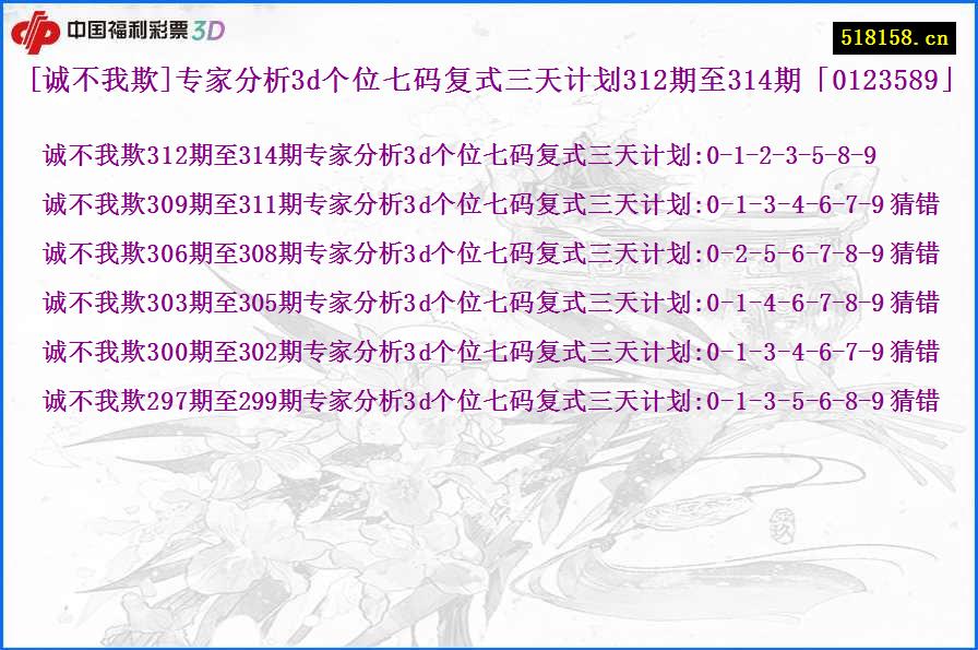 [诚不我欺]专家分析3d个位七码复式三天计划312期至314期「0123589」