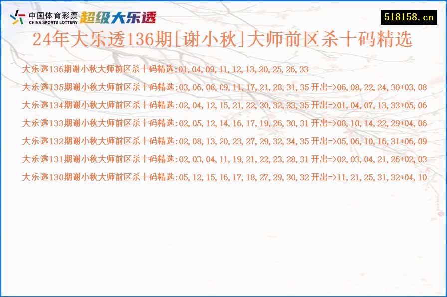 24年大乐透136期[谢小秋]大师前区杀十码精选