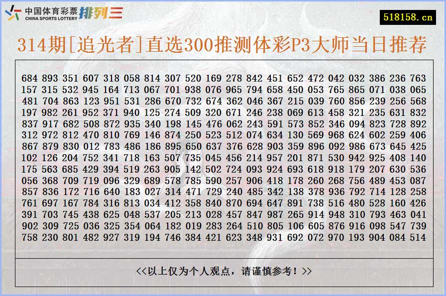 314期[追光者]直选300推测体彩P3大师当日推荐