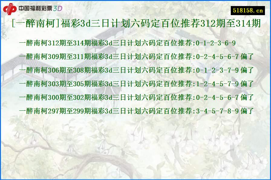 [一醉南柯]福彩3d三日计划六码定百位推荐312期至314期