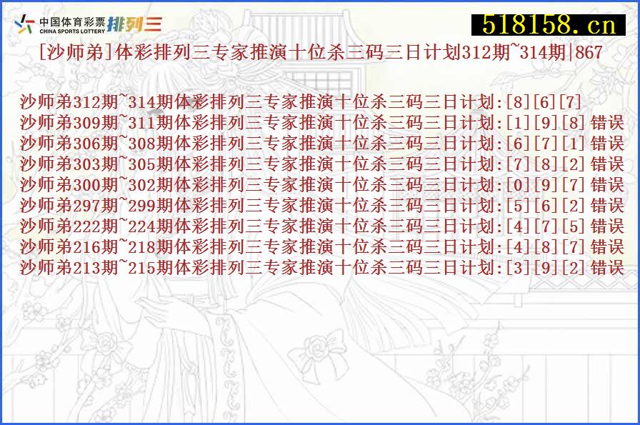 [沙师弟]体彩排列三专家推演十位杀三码三日计划312期~314期|867