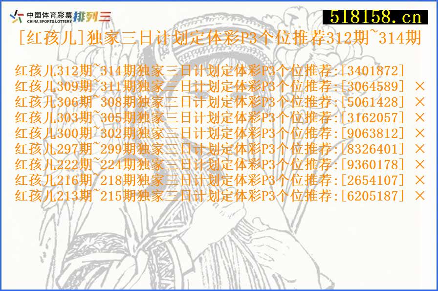 [红孩儿]独家三日计划定体彩P3个位推荐312期~314期