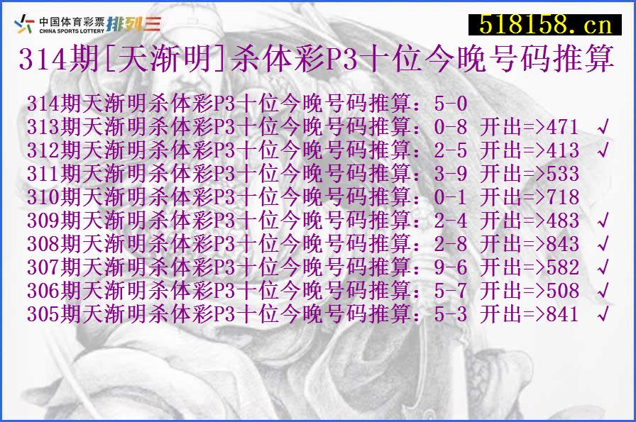 314期[天渐明]杀体彩P3十位今晚号码推算