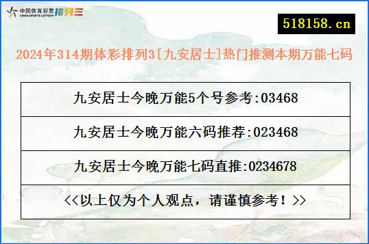 2024年314期体彩排列3[九安居士]热门推测本期万能七码