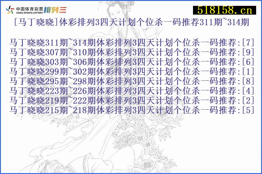 [马丁晓晓]体彩排列3四天计划个位杀一码推荐311期~314期