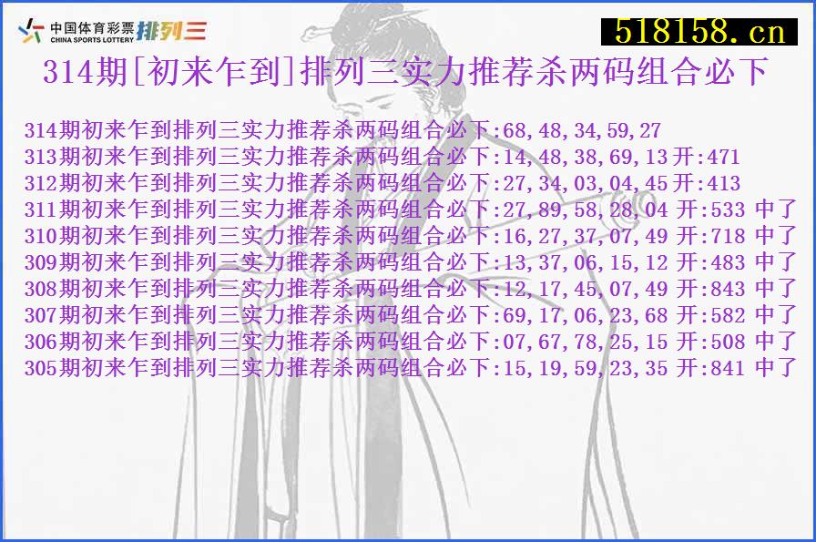 314期[初来乍到]排列三实力推荐杀两码组合必下