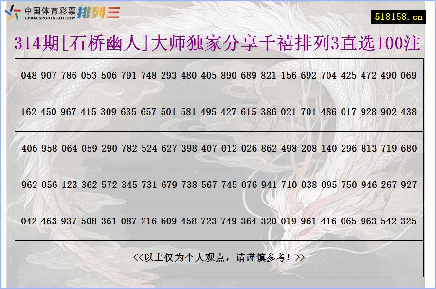 314期[石桥幽人]大师独家分享千禧排列3直选100注