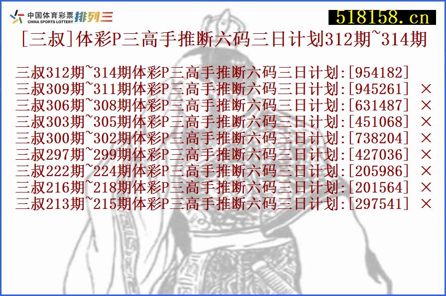 [三叔]体彩P三高手推断六码三日计划312期~314期