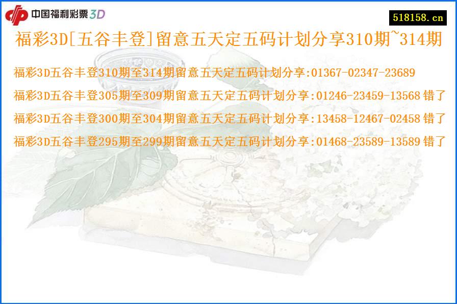 福彩3D[五谷丰登]留意五天定五码计划分享310期~314期