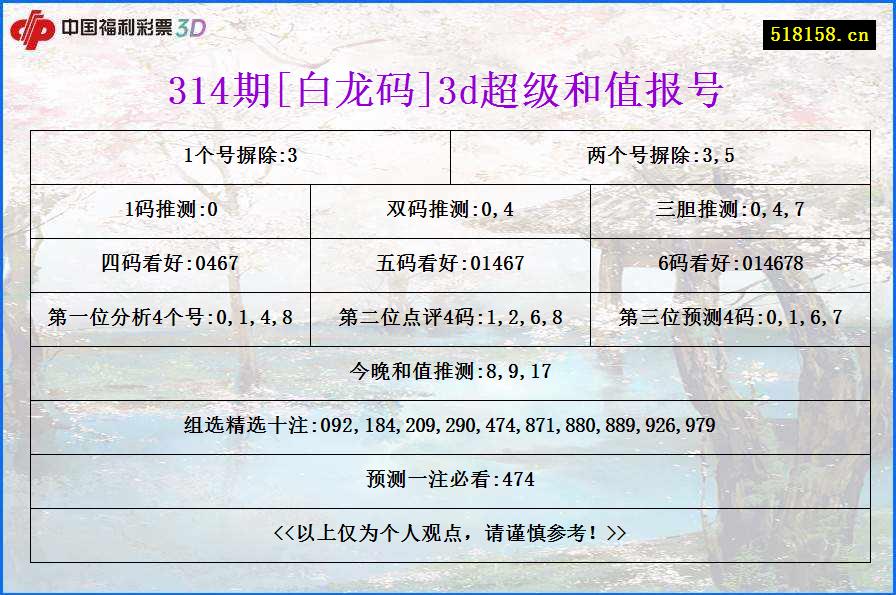 314期[白龙码]3d超级和值报号