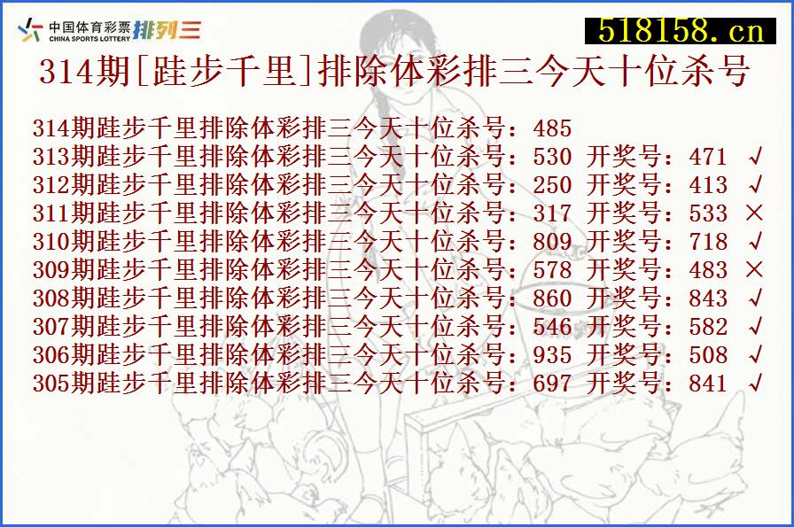 314期[跬步千里]排除体彩排三今天十位杀号