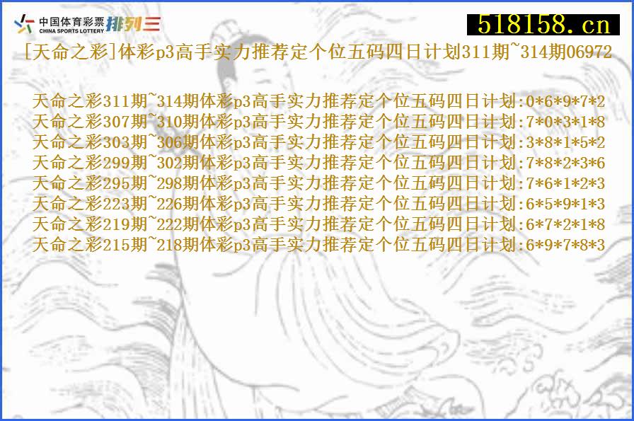 [天命之彩]体彩p3高手实力推荐定个位五码四日计划311期~314期06972