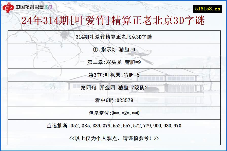 24年314期[叶爱竹]精算正老北京3D字谜