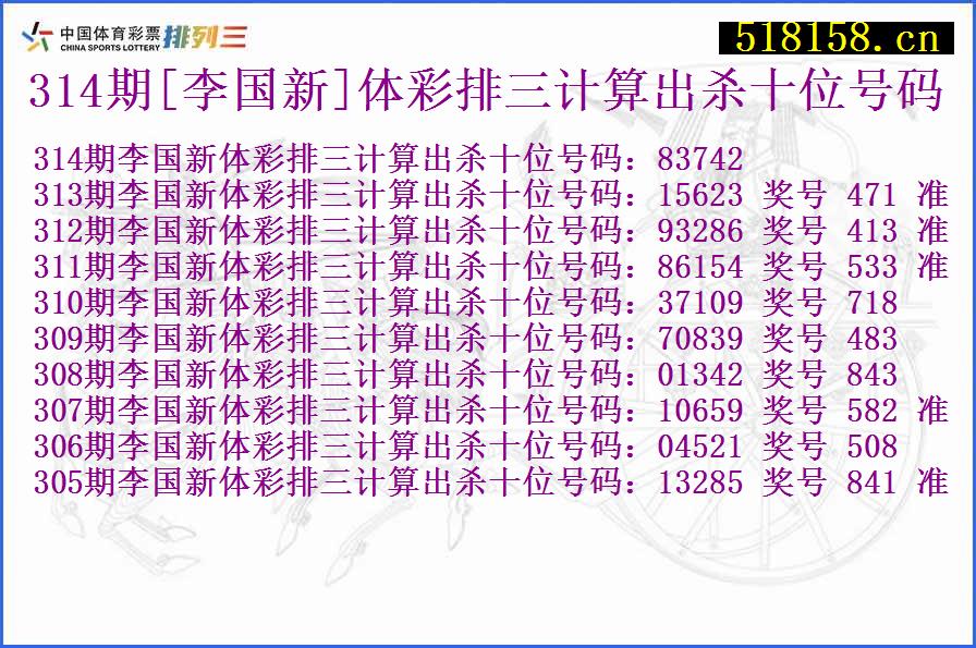 314期[李国新]体彩排三计算出杀十位号码