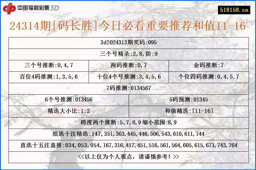 24314期[码长胜]今日必看重要推荐和值11-16