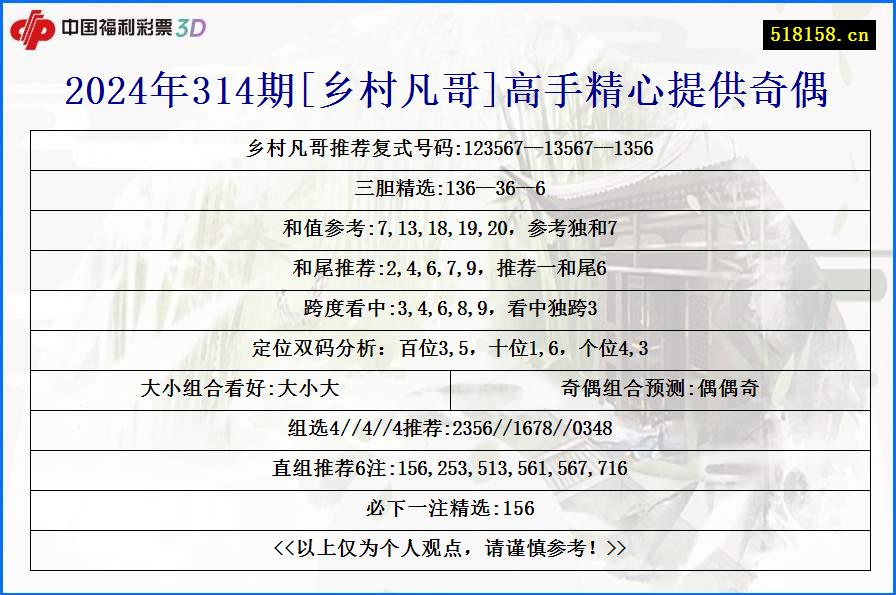 2024年314期[乡村凡哥]高手精心提供奇偶