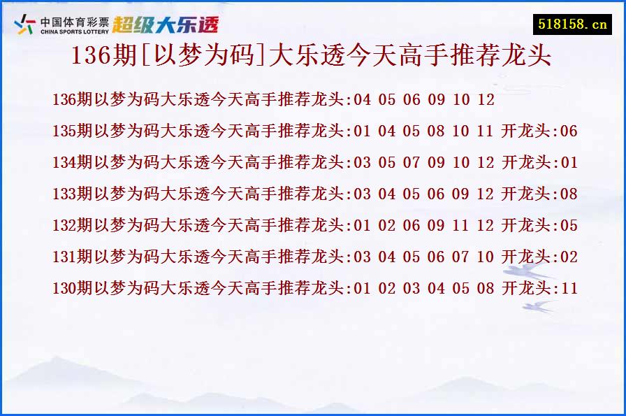 136期[以梦为码]大乐透今天高手推荐龙头