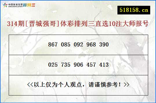 314期[晋城强哥]体彩排列三直选10注大师报号