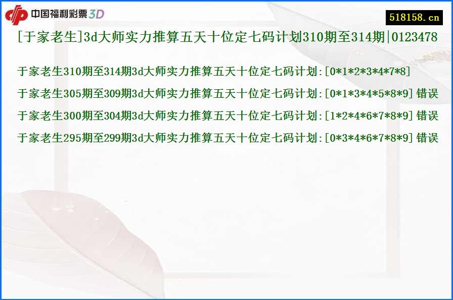 [于家老生]3d大师实力推算五天十位定七码计划310期至314期|0123478