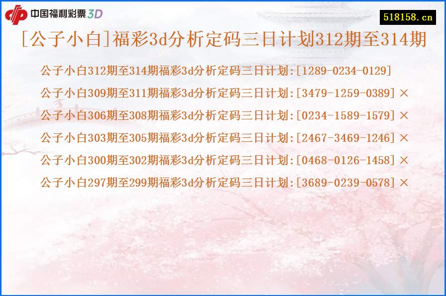 [公子小白]福彩3d分析定码三日计划312期至314期