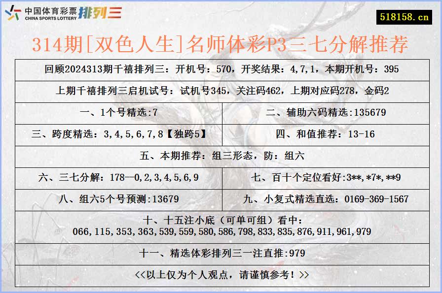 314期[双色人生]名师体彩P3三七分解推荐