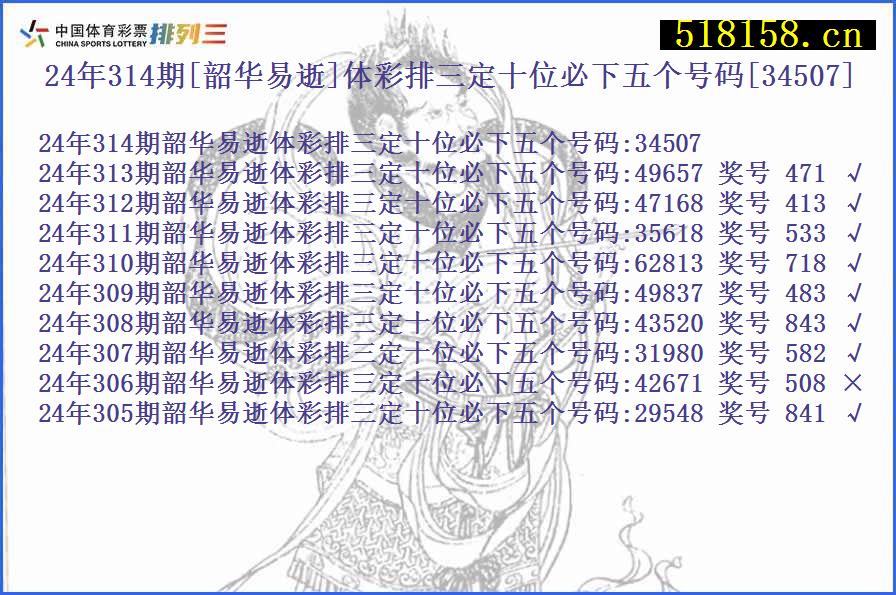 24年314期[韶华易逝]体彩排三定十位必下五个号码[34507]