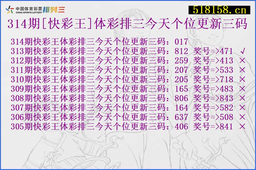 314期[快彩王]体彩排三今天个位更新三码