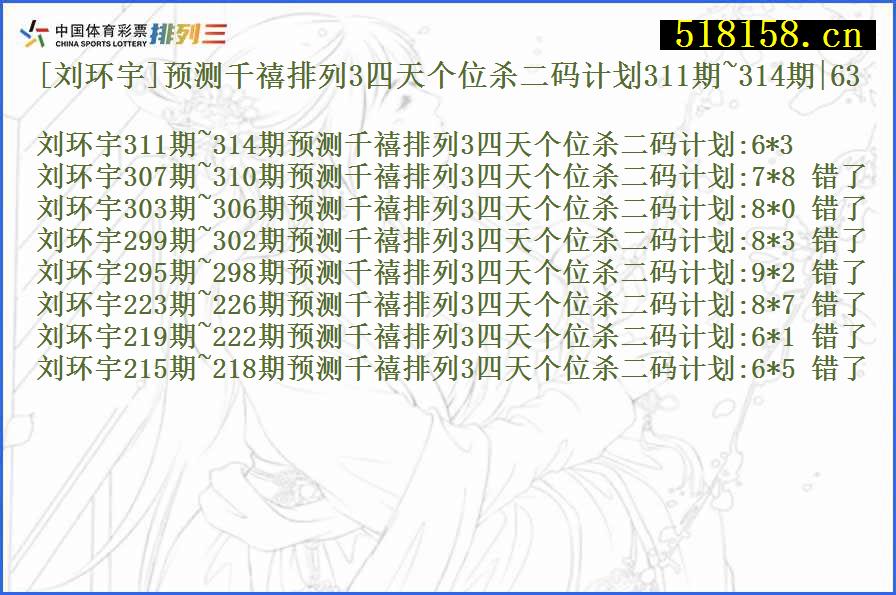 [刘环宇]预测千禧排列3四天个位杀二码计划311期~314期|63