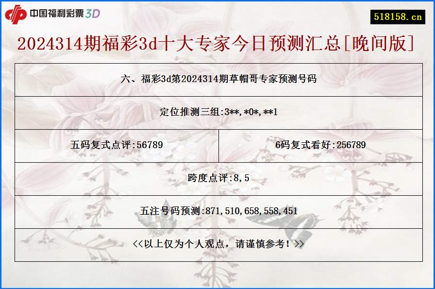 六、福彩3d第2024314期草帽哥专家预测号码