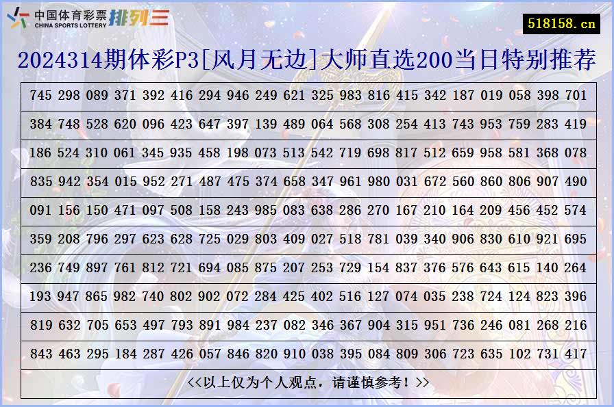 2024314期体彩P3[风月无边]大师直选200当日特别推荐