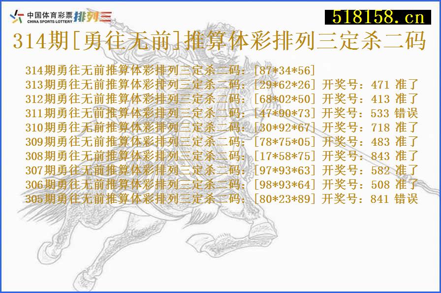 314期[勇往无前]推算体彩排列三定杀二码