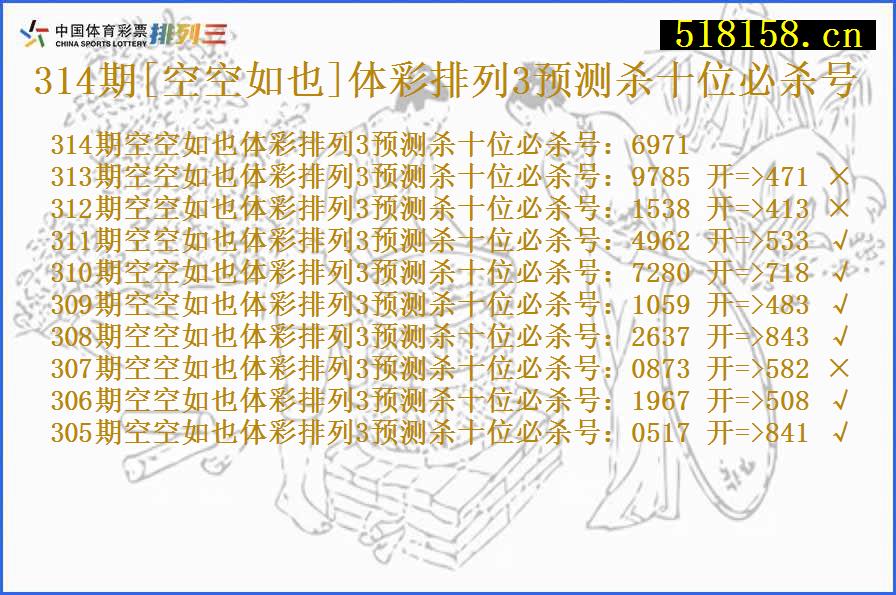 314期[空空如也]体彩排列3预测杀十位必杀号