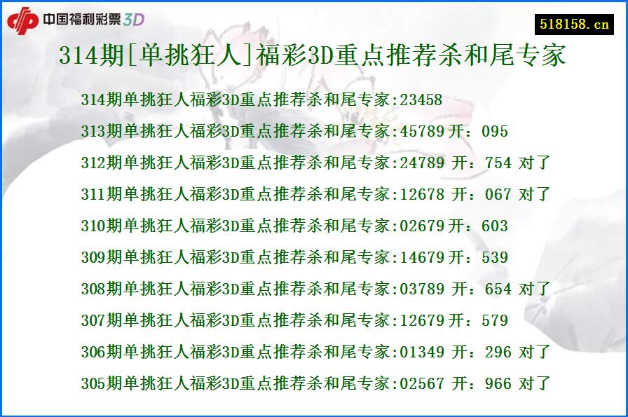 314期[单挑狂人]福彩3D重点推荐杀和尾专家