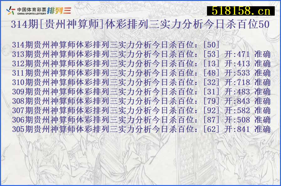 314期[贵州神算师]体彩排列三实力分析今日杀百位50